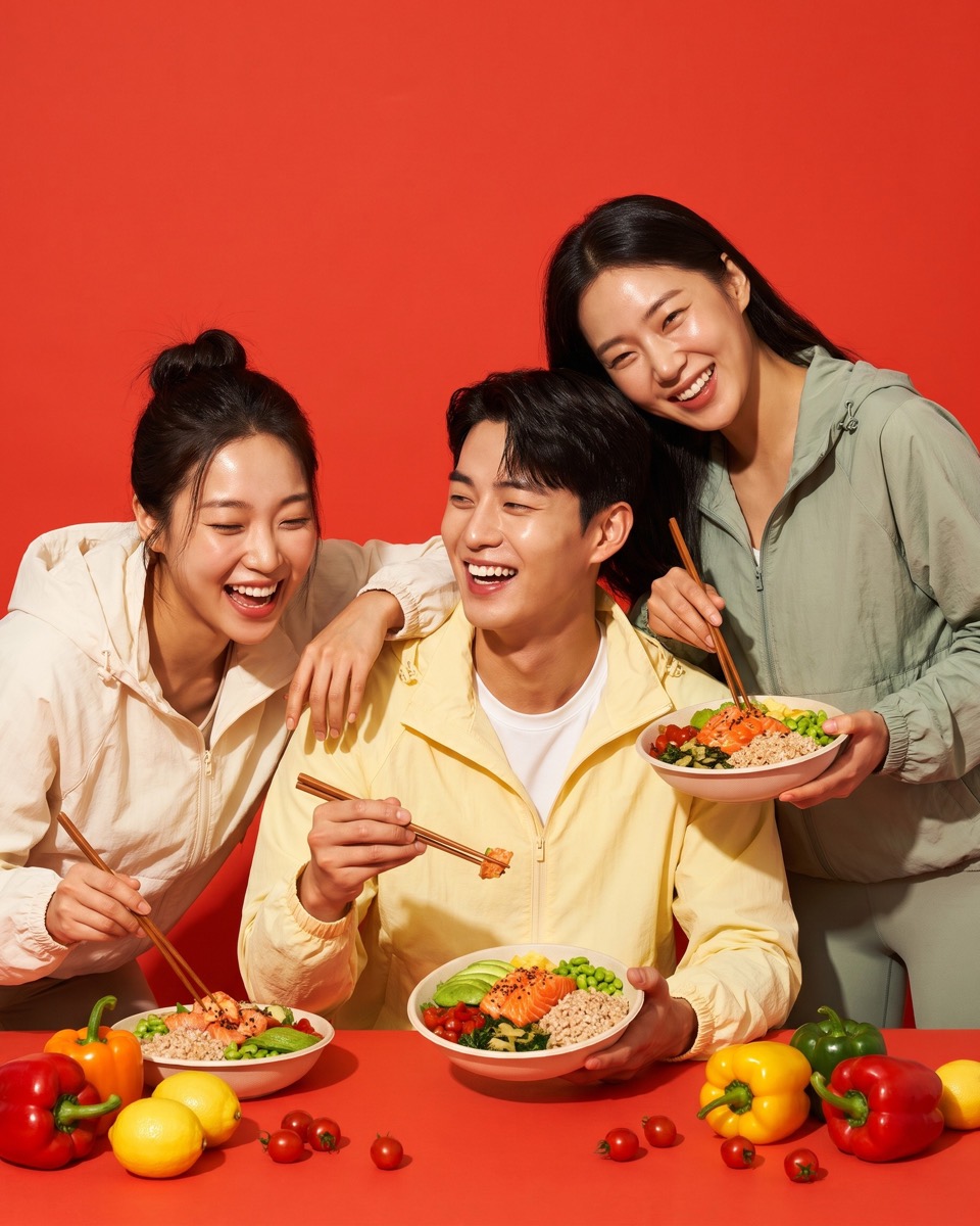 운동복 차림의 친구 셋이 곡물 볼을 나눠 먹는 장면(AI 이미지)